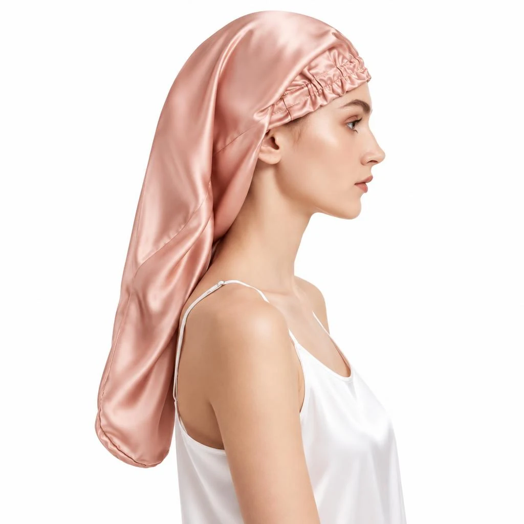 Modella con: Cuffia in seta di gelso per capelli lunghi e ricci – rosa cipria