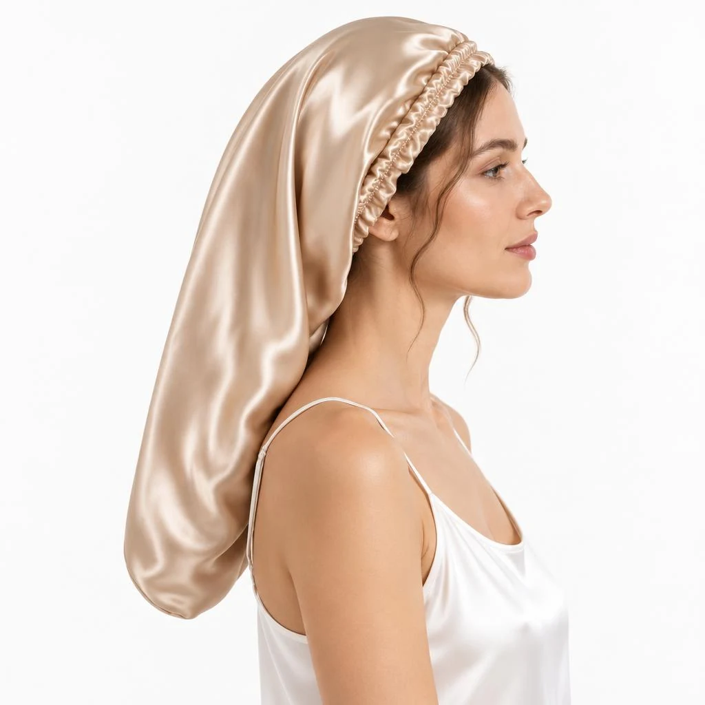 Modella con: Cuffia in seta di gelso per capelli lunghi e ricci – oro champagne
