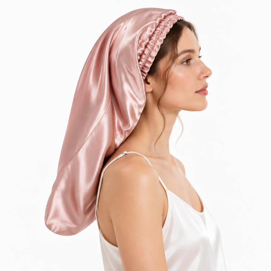 Modella con: Cuffia in seta di gelso per capelli lunghi e ricci – rosa antico