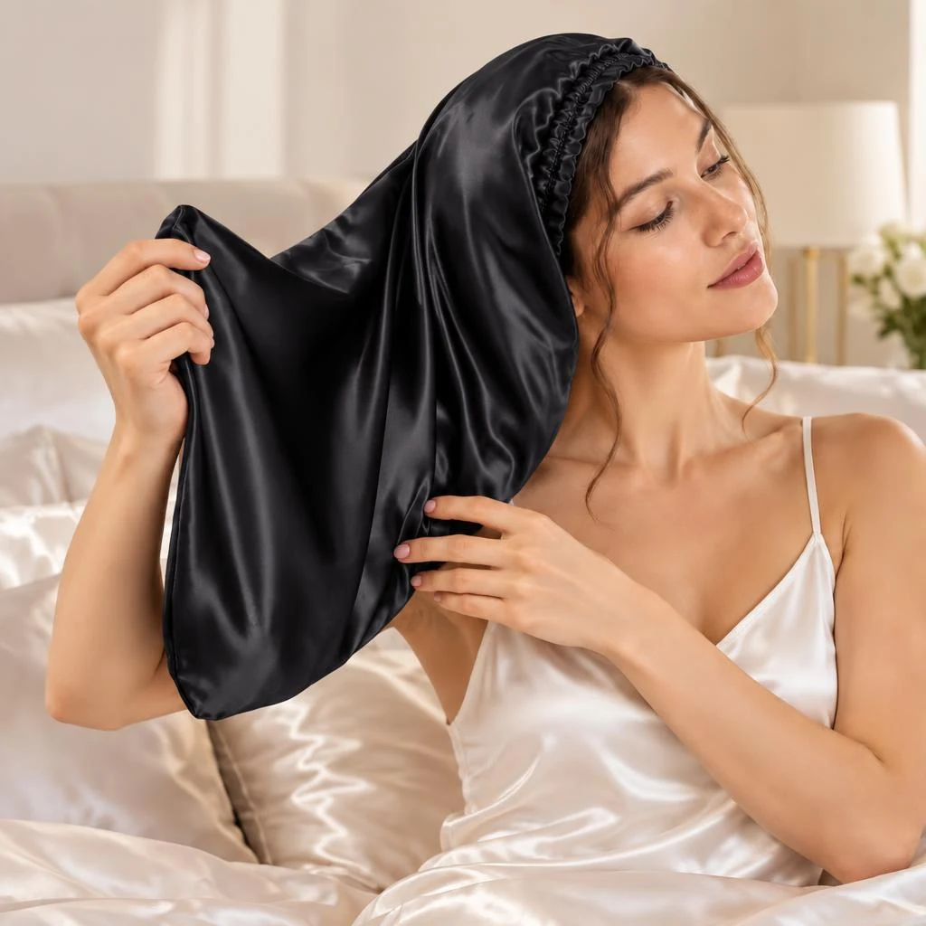 Cuffia in seta di gelso per capelli lunghi e ricci – nero mezzanotte - Indossamento con inserimento delicato delle ciocche