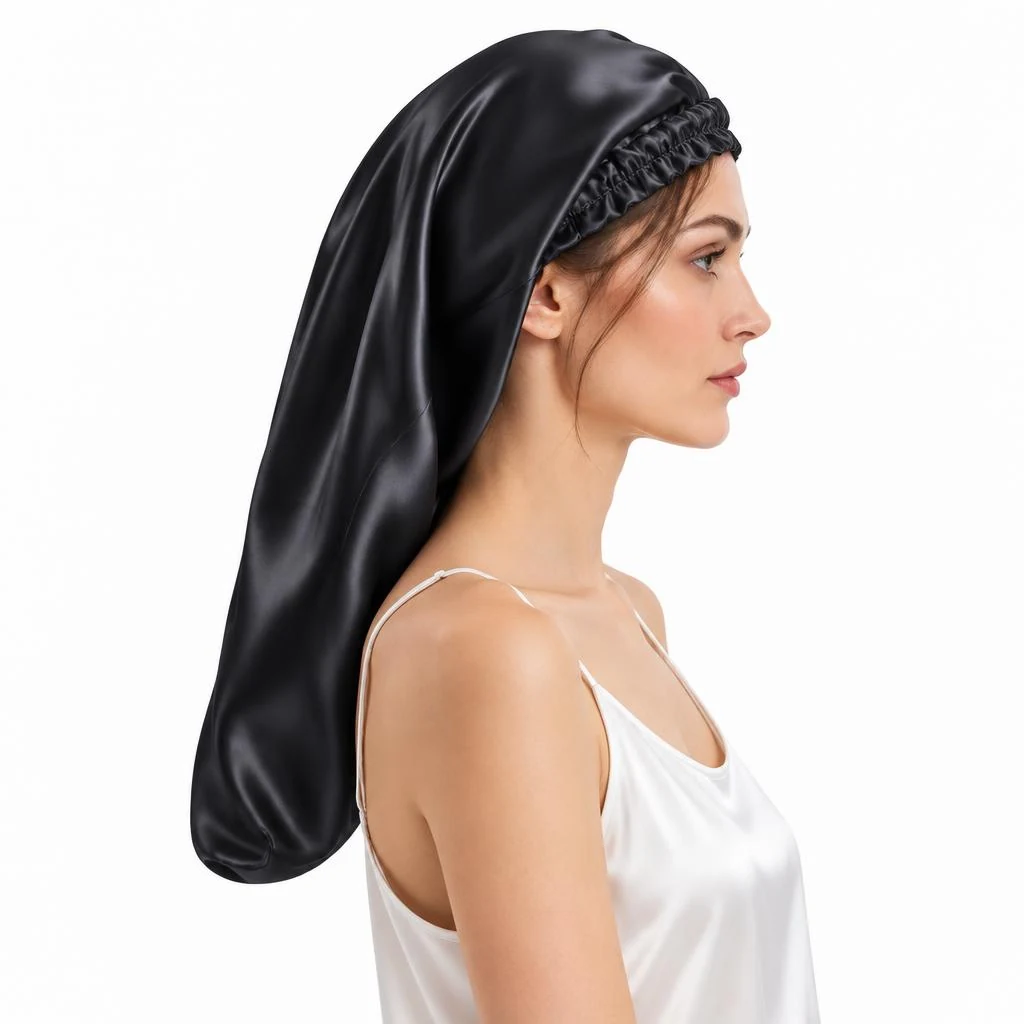 Modella con: Cuffia in seta di gelso per capelli lunghi e ricci – nero mezzanotte