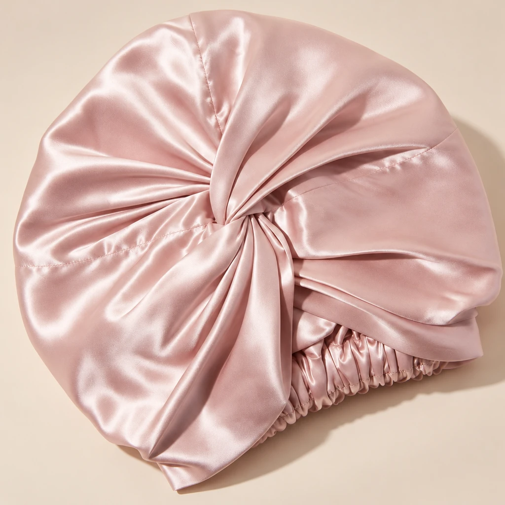 Cuffia da notte in seta di gelso standard – rosa cipria - Primo piano sulla lucentezza e texture della seta