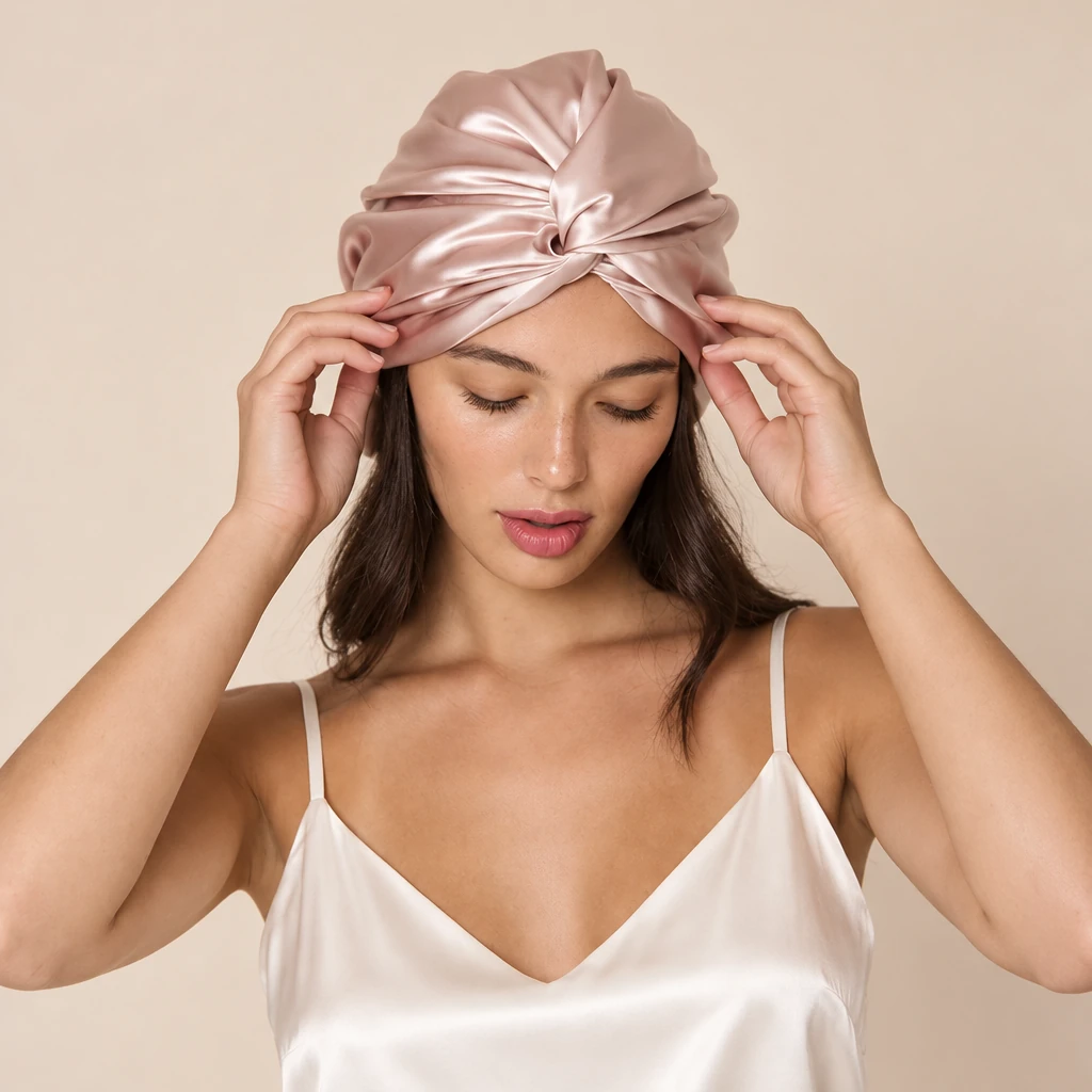 Modella con: Cuffia da notte in seta di gelso standard – rosa cipria