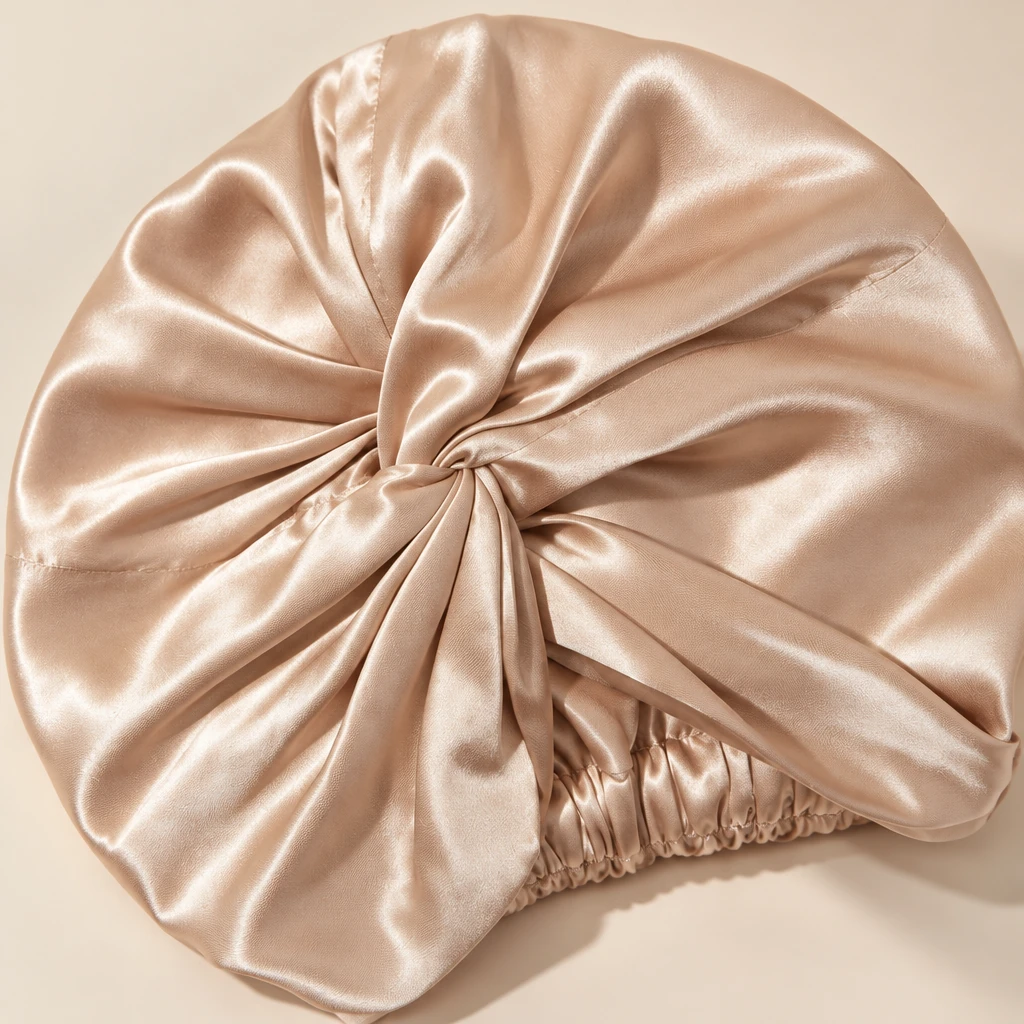 Cuffia da notte in seta di gelso standard – oro champagne - Primo piano sulla lucentezza e texture della seta