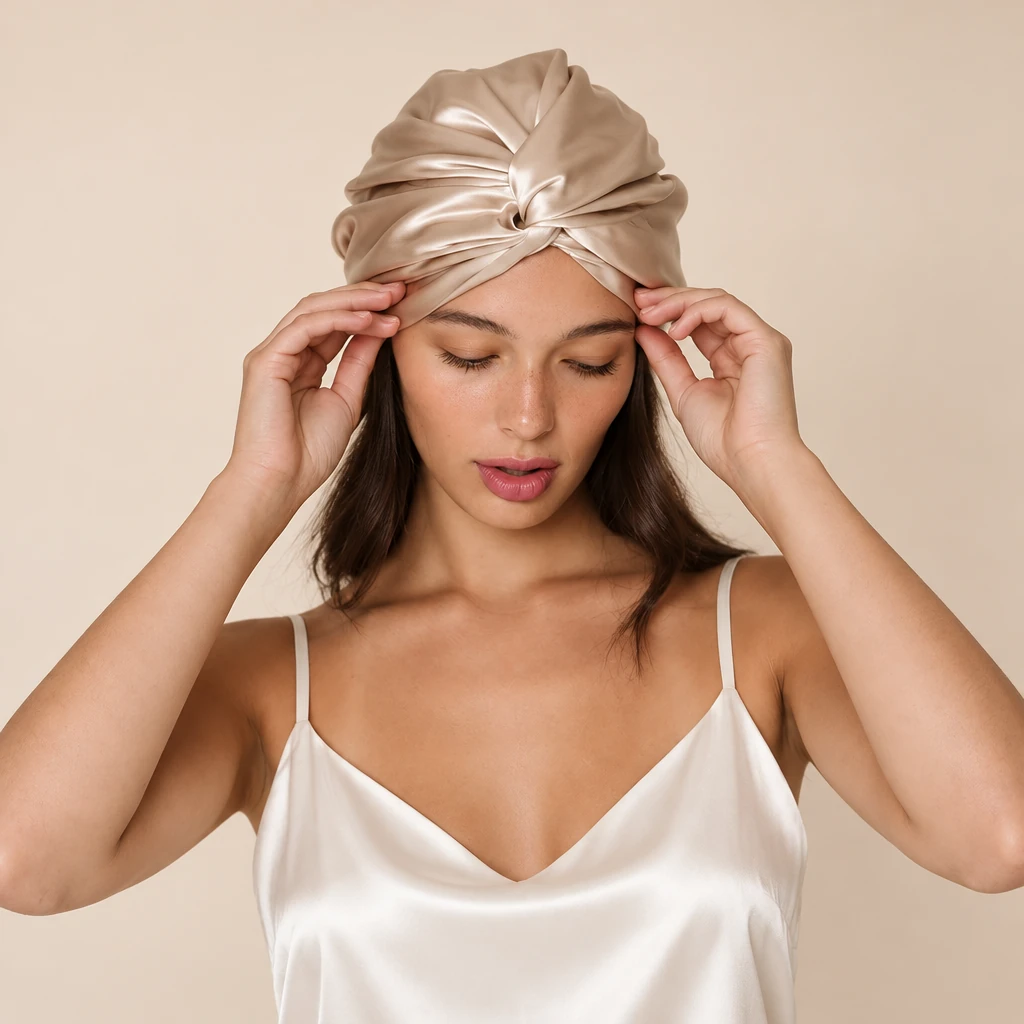 Modella con: Cuffia da notte in seta di gelso standard – oro champagne