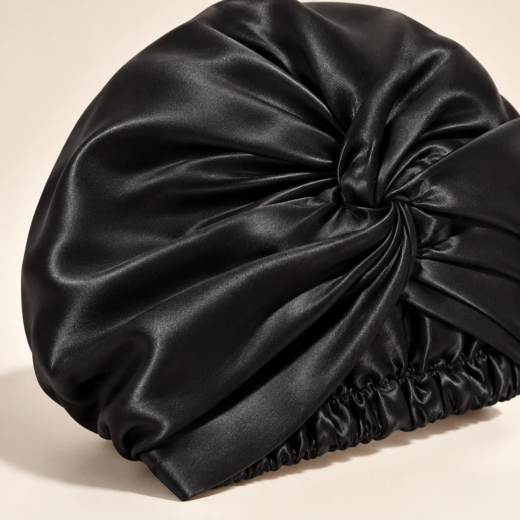 Cuffia da notte in seta di gelso standard – nero mezzanotte - Primo piano sulla lucentezza e texture della seta