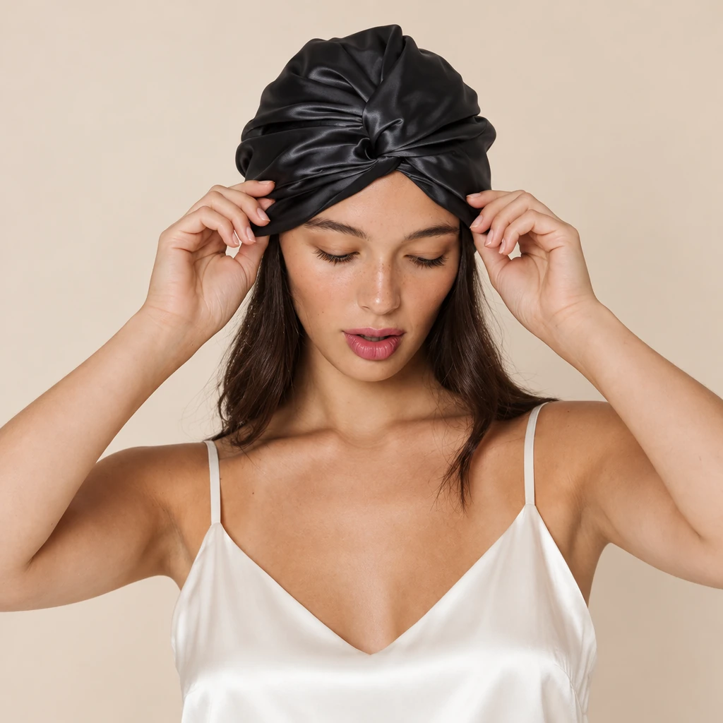 Modella con: Cuffia da notte in seta di gelso standard – nero mezzanotte
