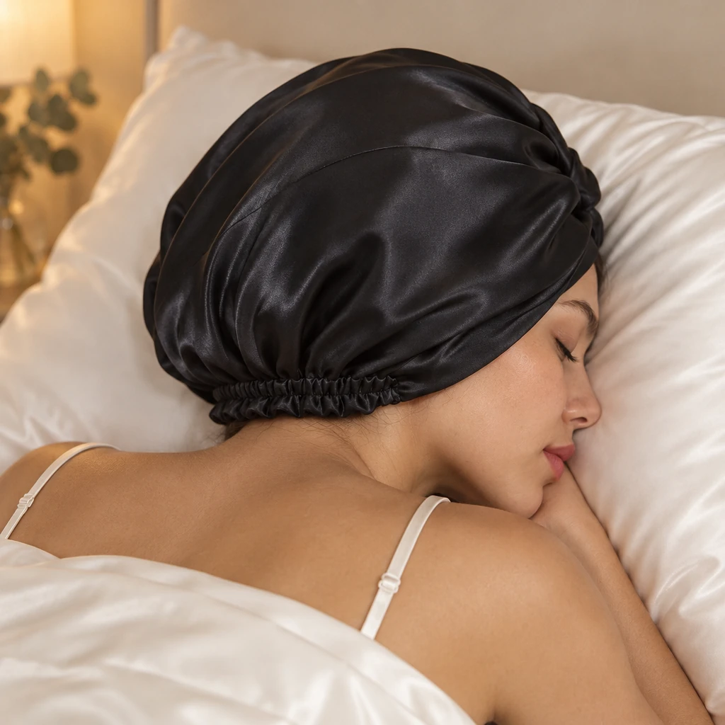 Cuffia da notte in seta di gelso standard – nero mezzanotte - Protezione notturna e appoggio sul cuscino