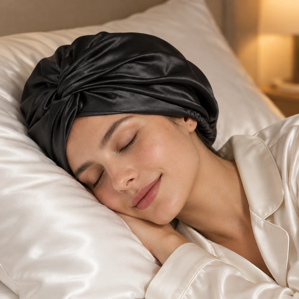 Cuffia da notte in seta di gelso standard – nero mezzanotte - Sonno sereno e rigenerante con protezione in seta