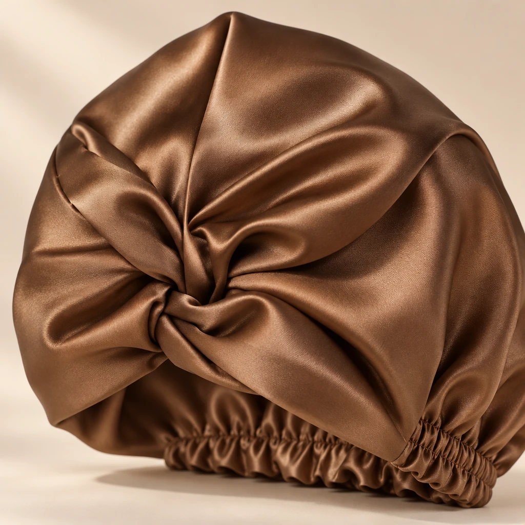 Cuffia da notte in seta di gelso standard – marrone moka - Primo piano sulla lucentezza e texture della seta