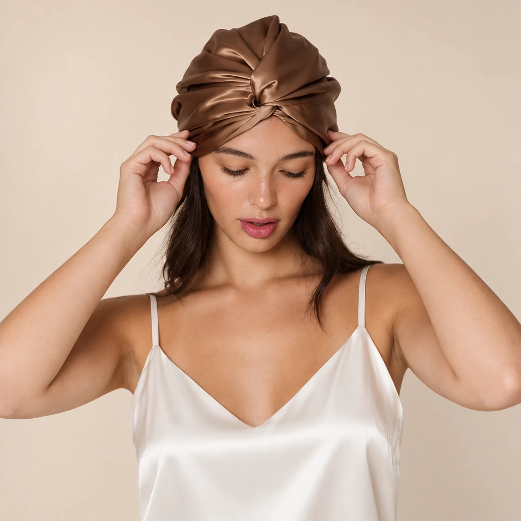 Modella con: Cuffia da notte in seta di gelso standard – marrone moka