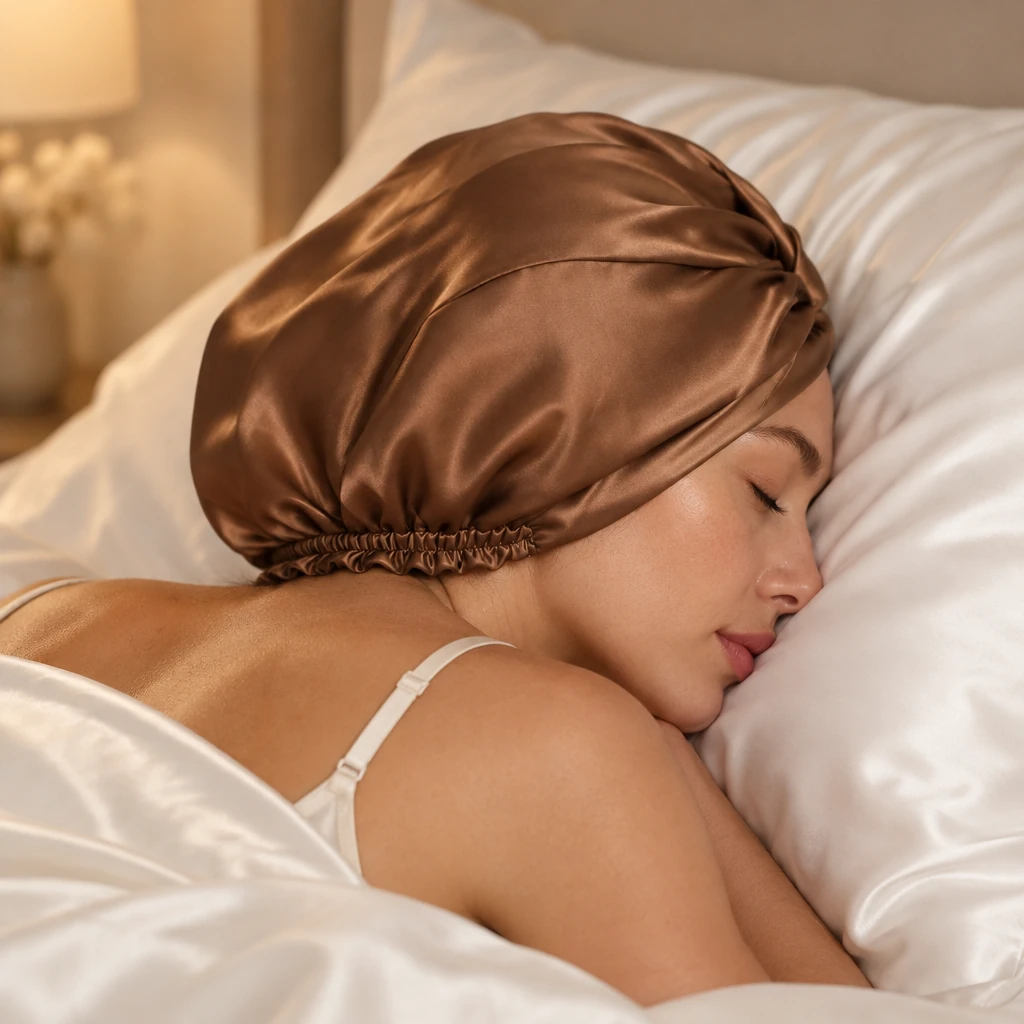 Cuffia da notte in seta di gelso standard – marrone moka - Protezione notturna e appoggio sul cuscino