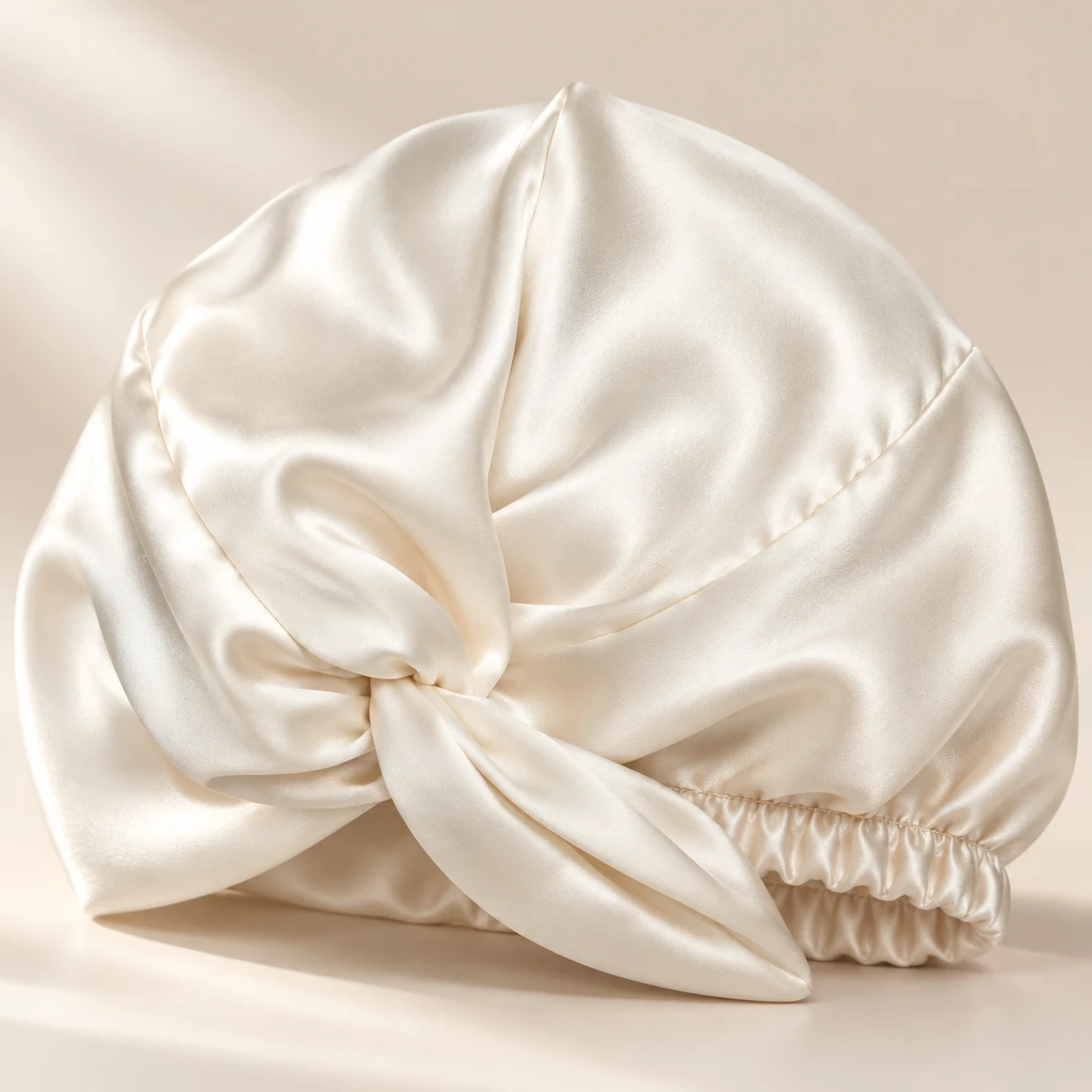 Cuffia da notte in seta di gelso standard – bianco perla - Primo piano sulla lucentezza e texture della seta