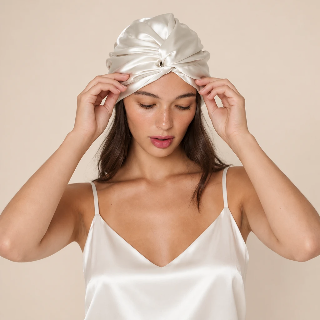 Modella con: Cuffia da notte in seta di gelso standard – bianco perla
