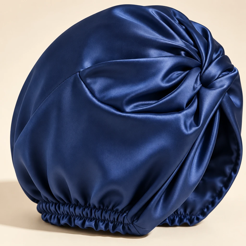 Cuffia da notte in seta di gelso standard – blu notte reale - Primo piano sulla lucentezza e texture della seta