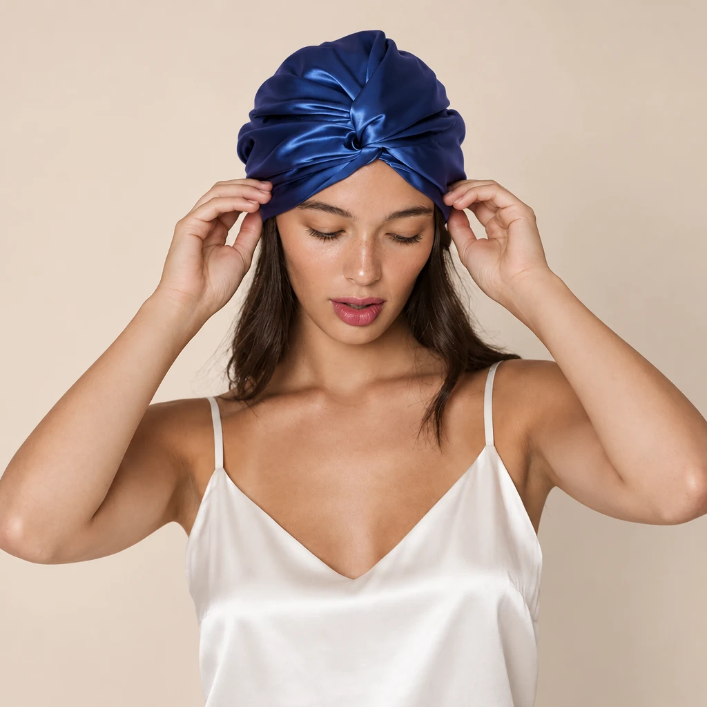 Modella con: Cuffia da notte in seta di gelso standard – blu notte reale