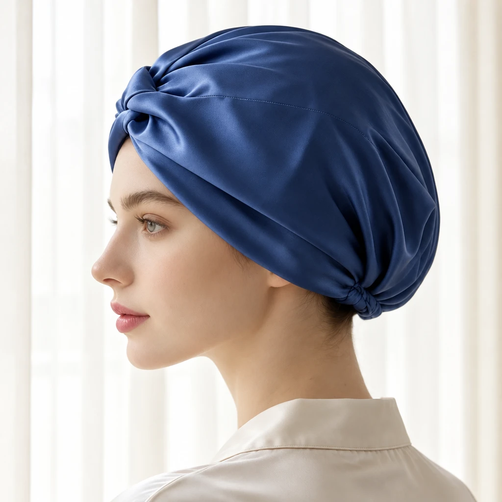 Cuffia da notte in seta di gelso standard – blu notte reale - Profilo laterale e posizionamento sul capo