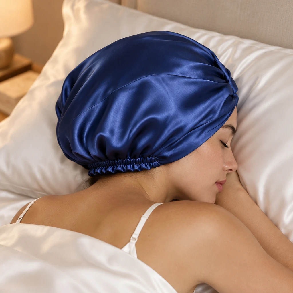 Cuffia da notte in seta di gelso standard – blu notte reale - Protezione notturna e appoggio sul cuscino