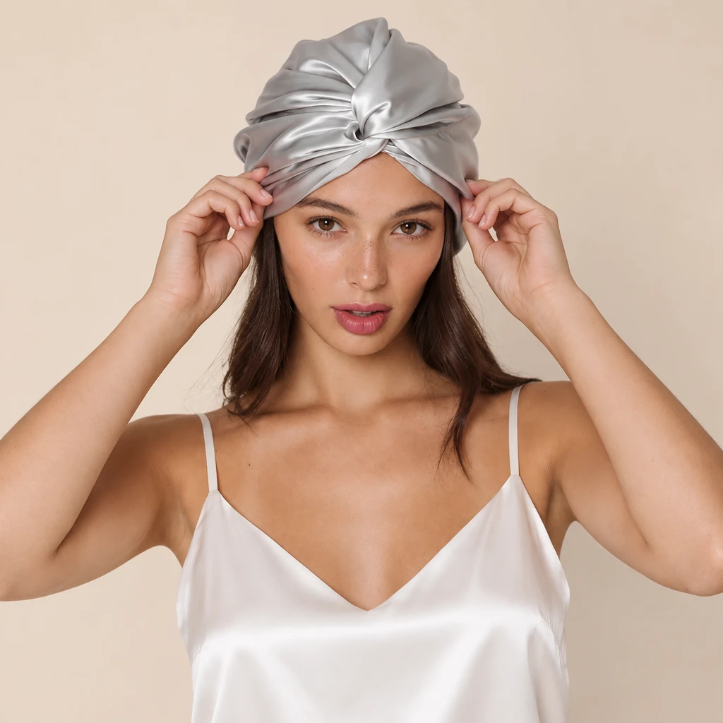 Modella con: Cuffia da notte in seta di gelso standard – grigio argento