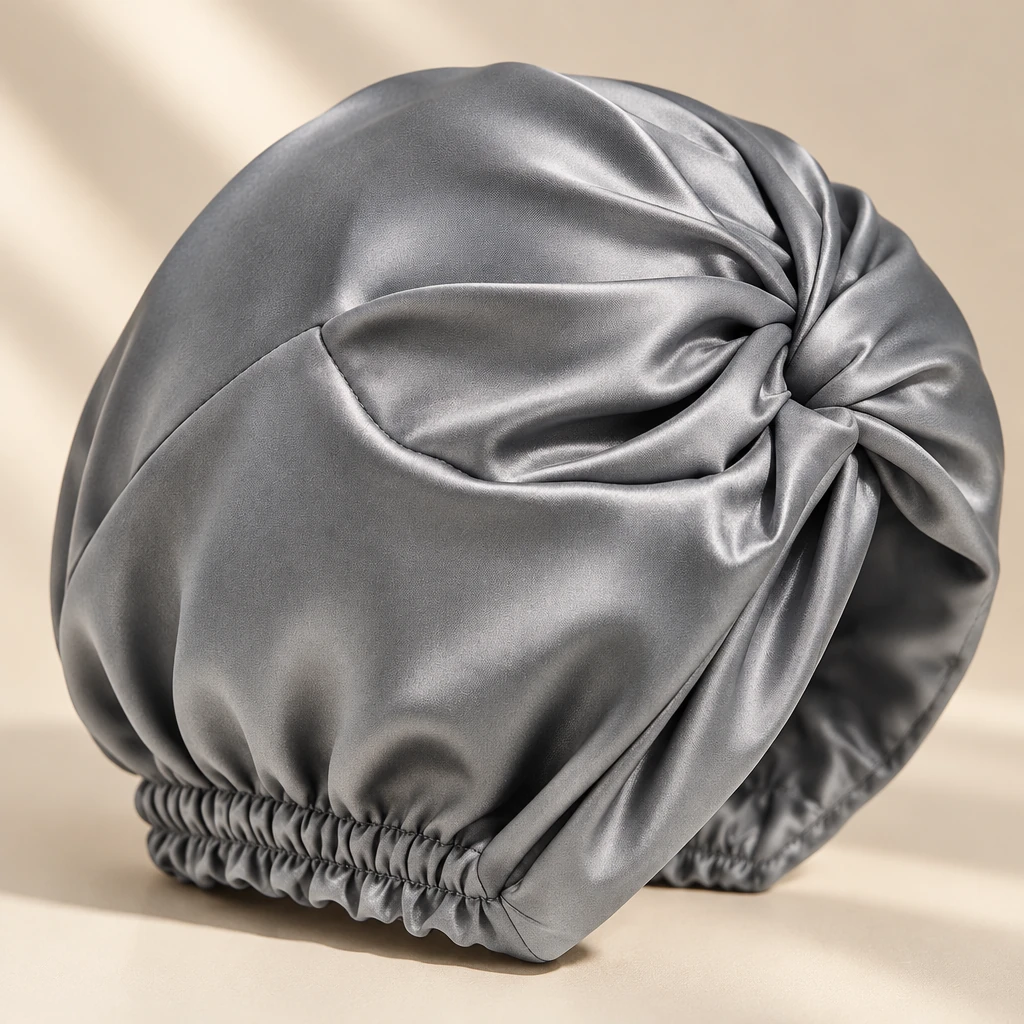Cuffia da notte in seta di gelso standard – grigio ardesia - Primo piano sulla lucentezza e texture della seta