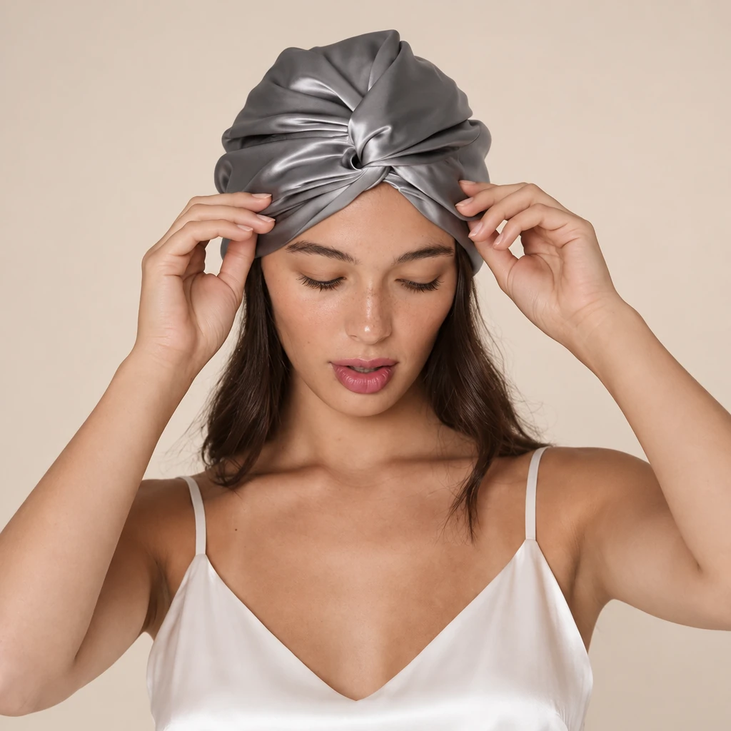 Modella con: Cuffia da notte in seta di gelso standard – grigio ardesia