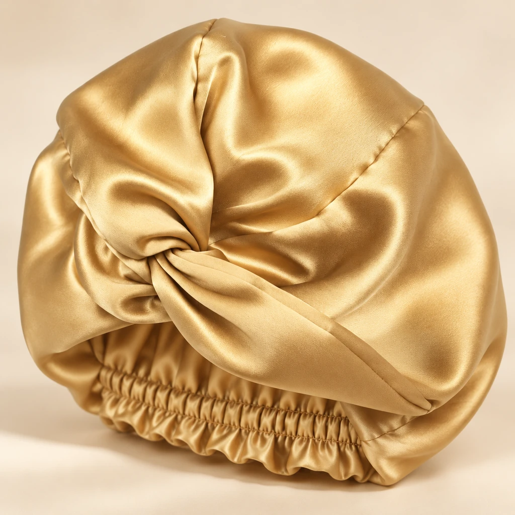 Cuffia da notte in seta di gelso standard – oro caldo - Primo piano sulla lucentezza e texture della seta