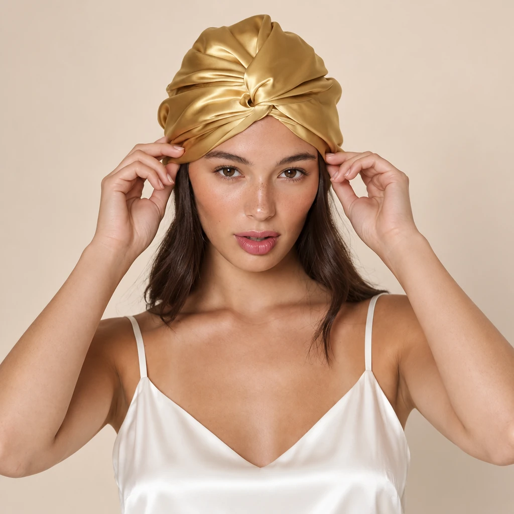 Modella con: Cuffia da notte in seta di gelso standard – oro caldo